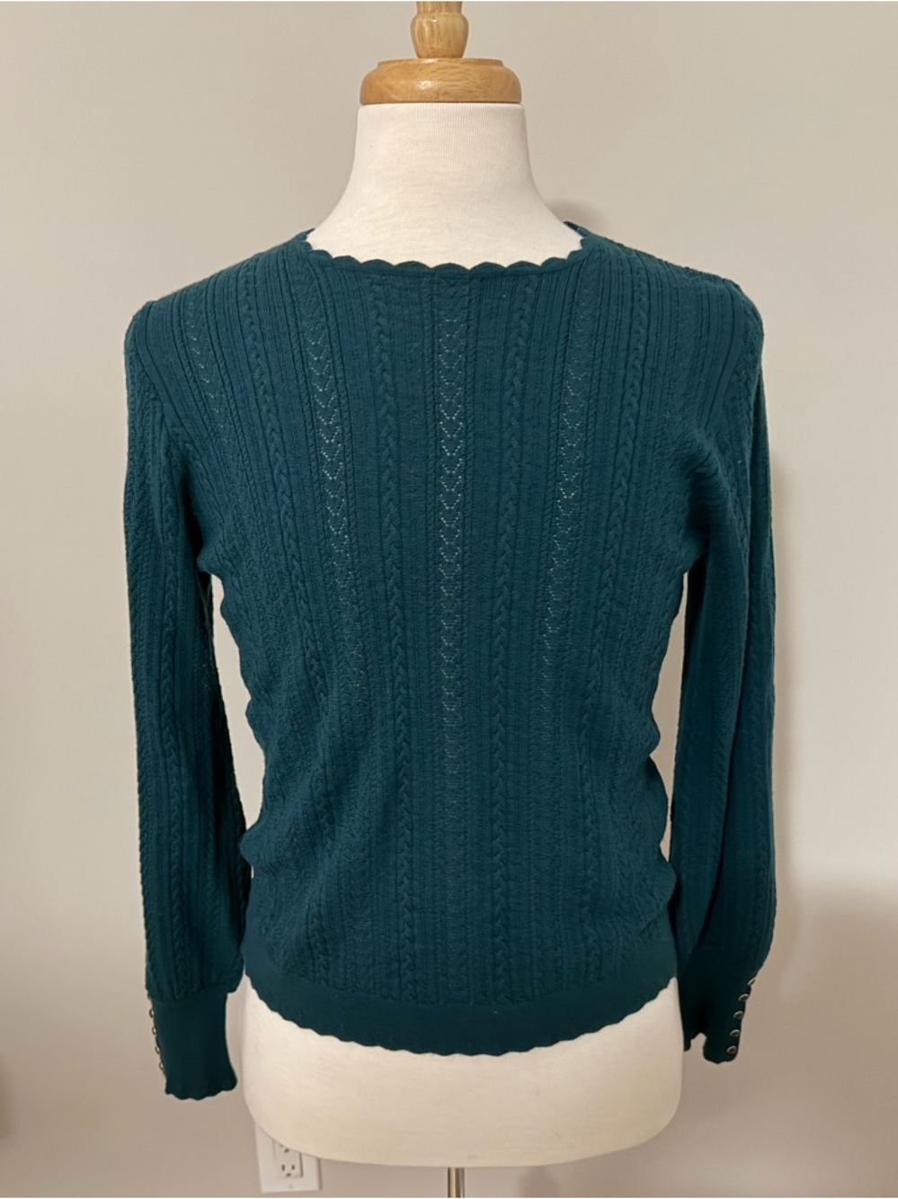Teal Cable-Knit Scalloped Neck Sweater